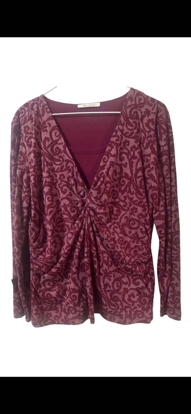 JM Collection Burgundy Paisley Velvet Long Sleeve V-Neck Twist Front Top